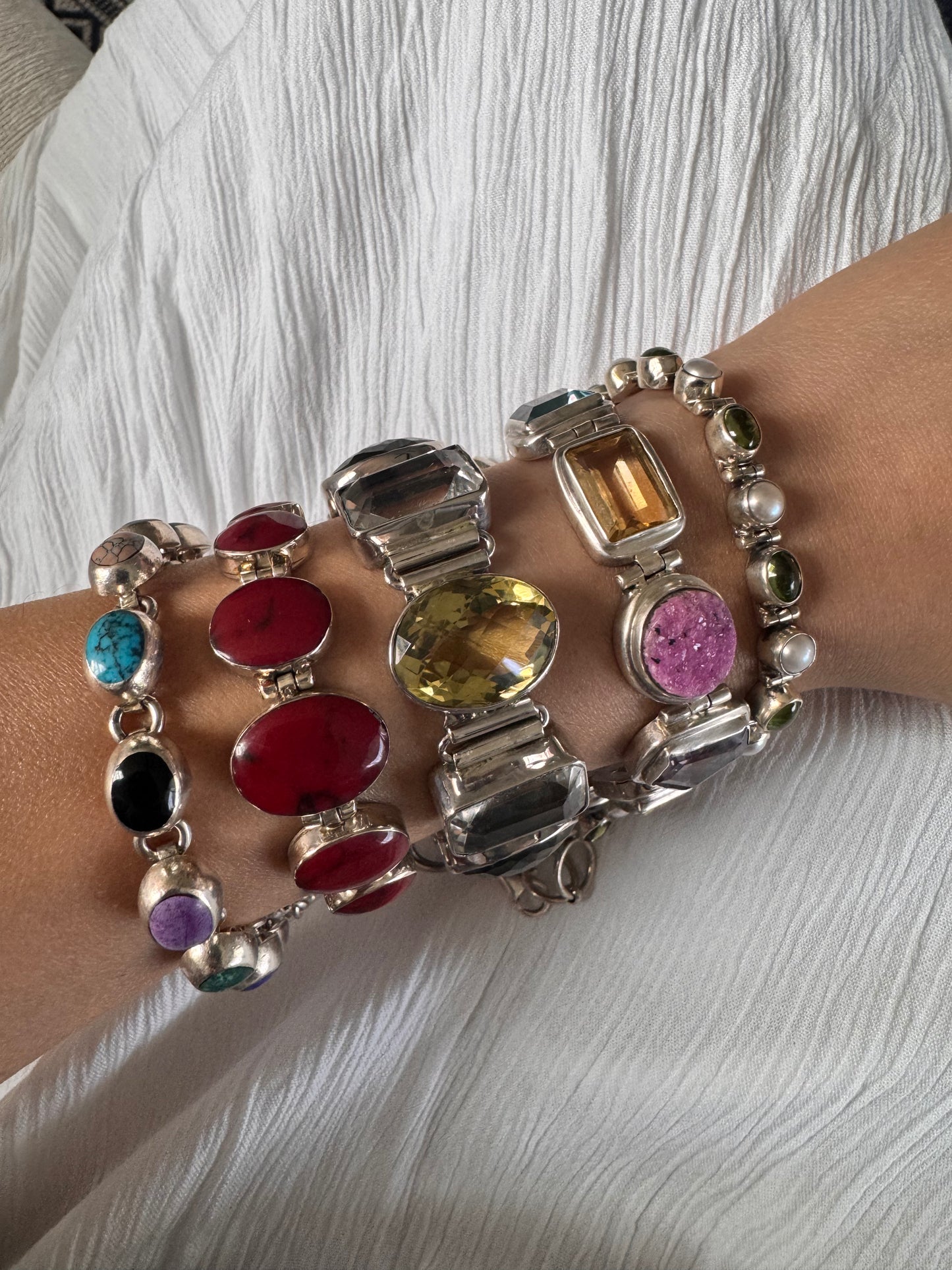 Vintage Sterling Silver Multi-Gemstone Bezel Bracelet