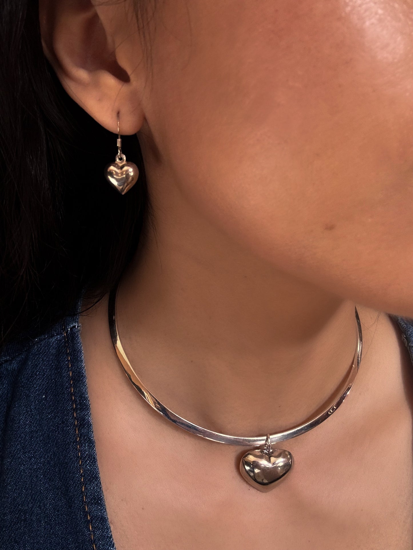 Vintage Sterling Silver Cuff Necklace with Heart Pendant