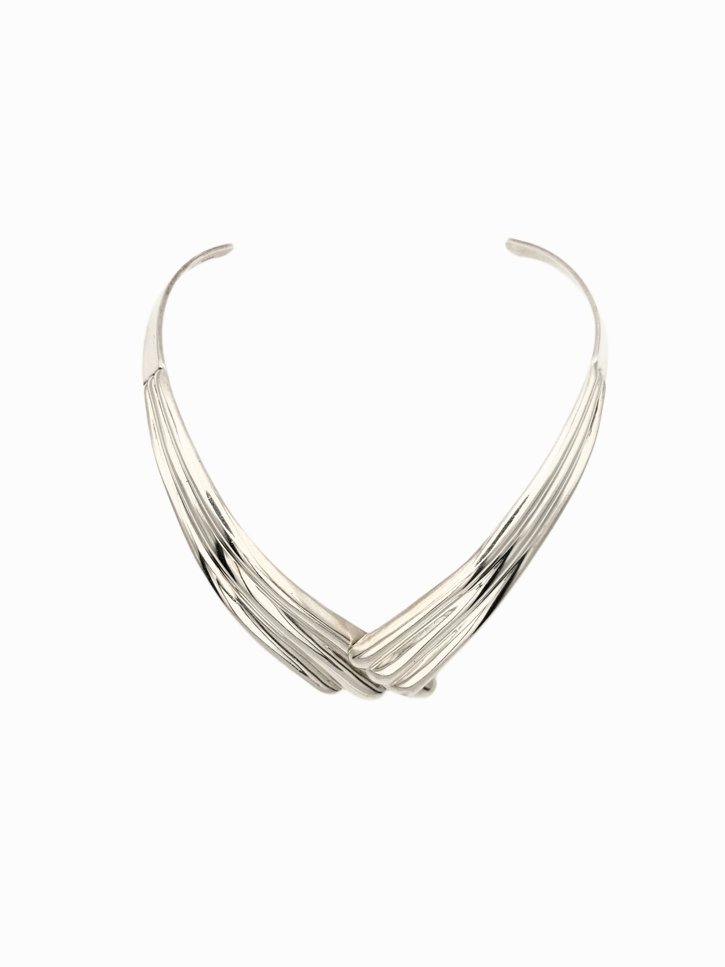 Vintage Sterling Silver V-Shape Ribbed Collar Necklace | Torque Necklace