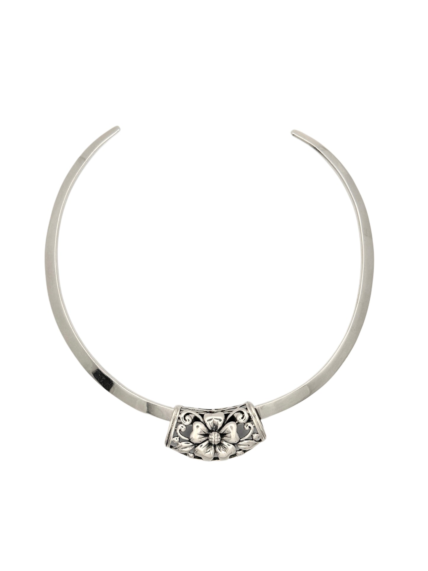 Vintage Sterling Silver Cuff Necklace | Floral Pendant | Mexico 925 | Torque Necklace