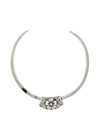 Vintage Sterling Silver Cuff Necklace | Floral Pendant | Mexico 925 | Torque Necklace
