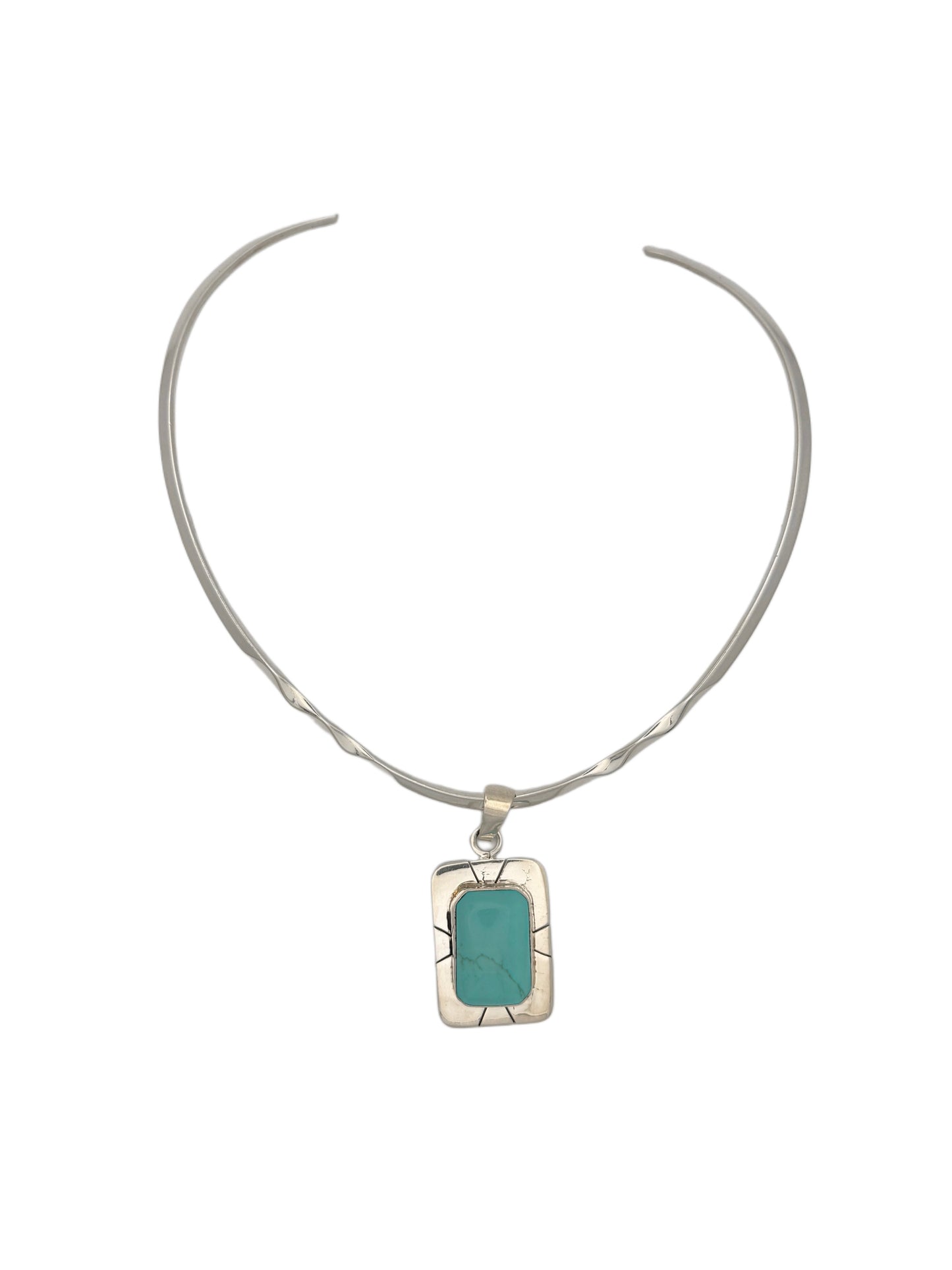 Vintage Sterling Silver Cuff Necklace | Turquoise Pendant | Torque Necklace