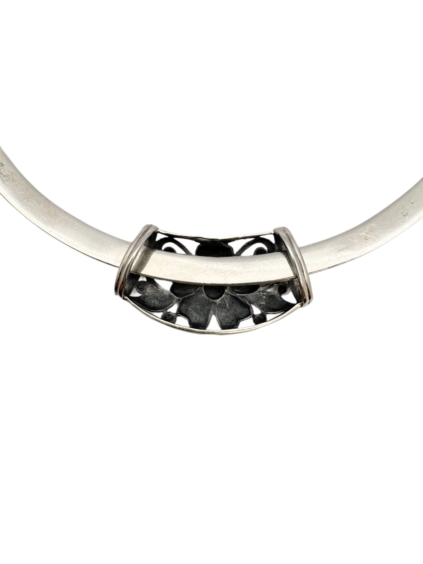 Vintage Sterling Silver Cuff Necklace | Floral Pendant | Mexico 925 | Torque Necklace