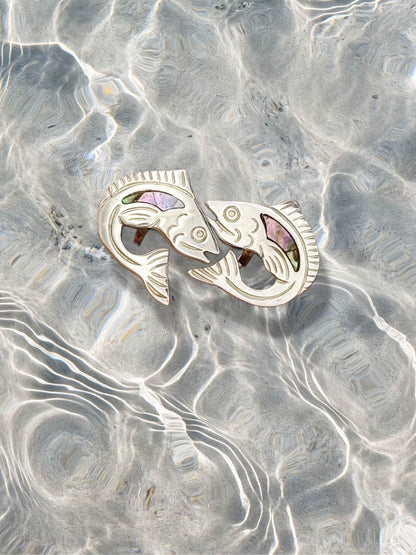 Vintage Sterling Silver Fish Screw Back Earrings | Abalone Shell Inlay | EK Sterling Silver