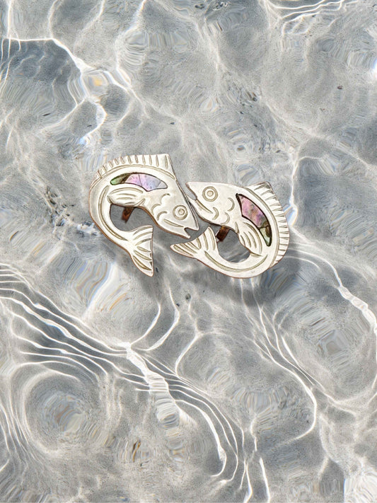 Vintage Sterling Silver Fish Screw Back Earrings | Abalone Shell Inlay | EK Sterling Silver