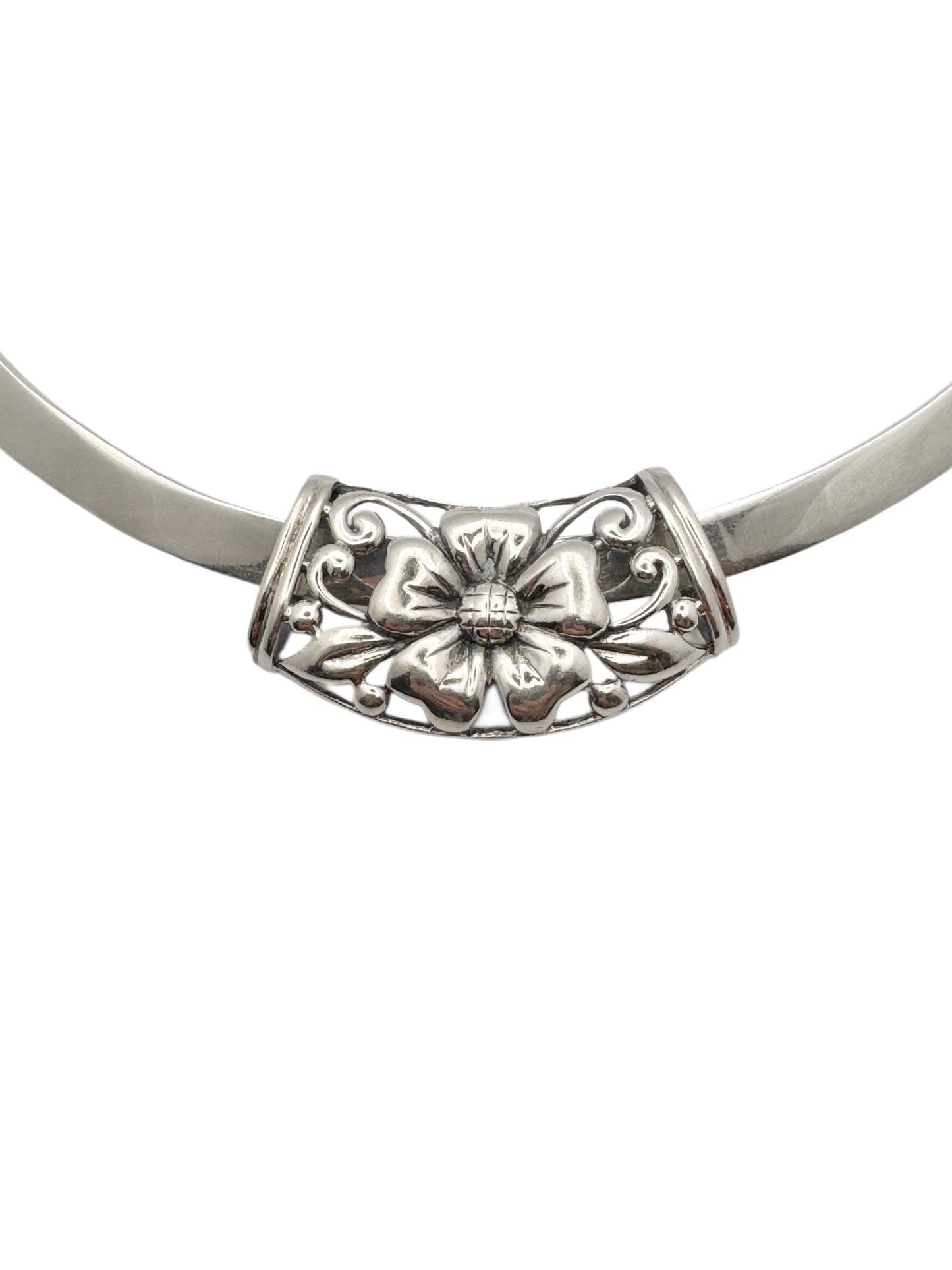 Vintage Sterling Silver Cuff Necklace | Floral Pendant | Mexico 925 | Torque Necklace