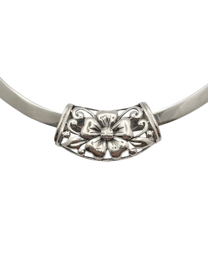 Vintage Sterling Silver Cuff Necklace | Floral Pendant | Mexico 925 | Torque Necklace