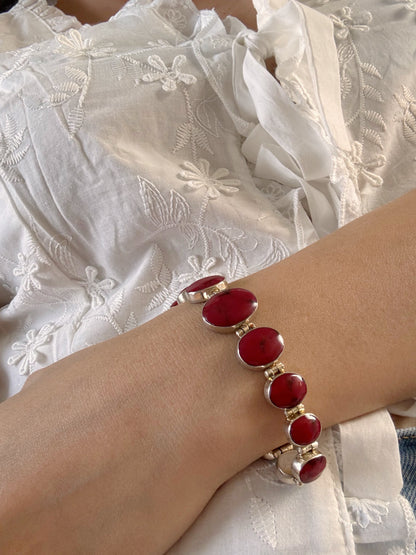 Vintage Sterling Silver Red Jasper Cabochon Bracelet