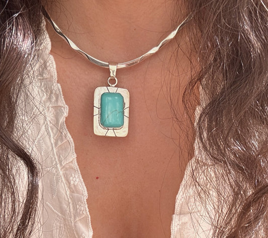 Vintage Sterling Silver Cuff Necklace | Turquoise Pendant | Torque Necklace