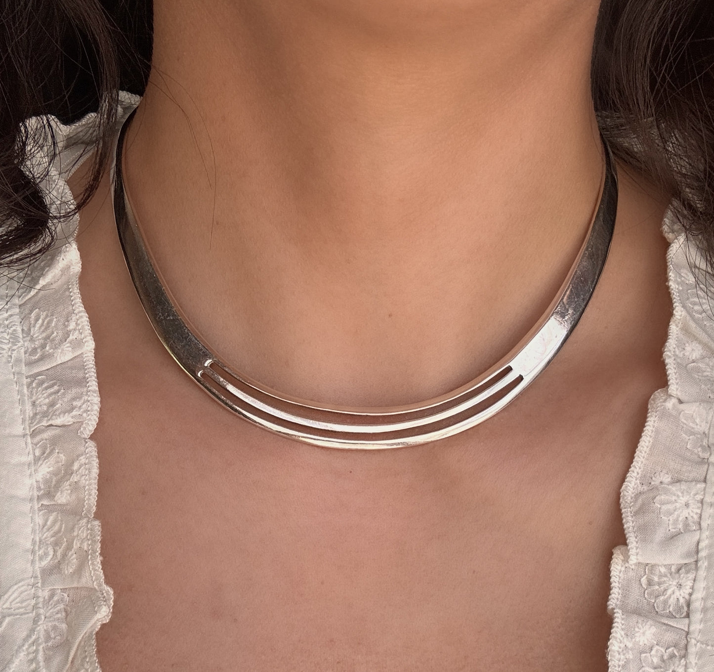 Vintage Sterling Silver Retro Cuff Necklace | Torque Necklace