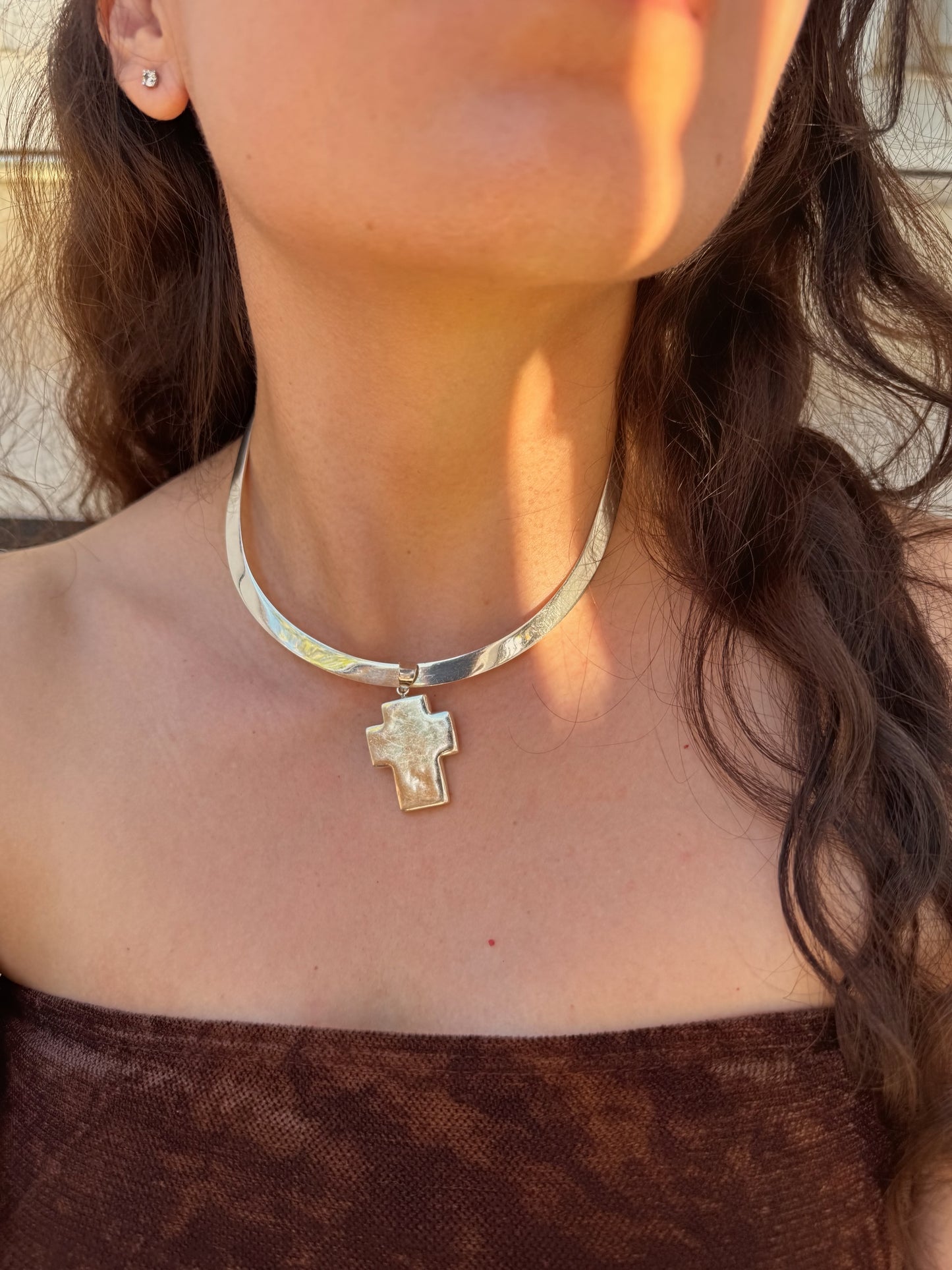 Vintage Sterling Silver Cuff Necklace | Cross Pendant | Torque Necklace