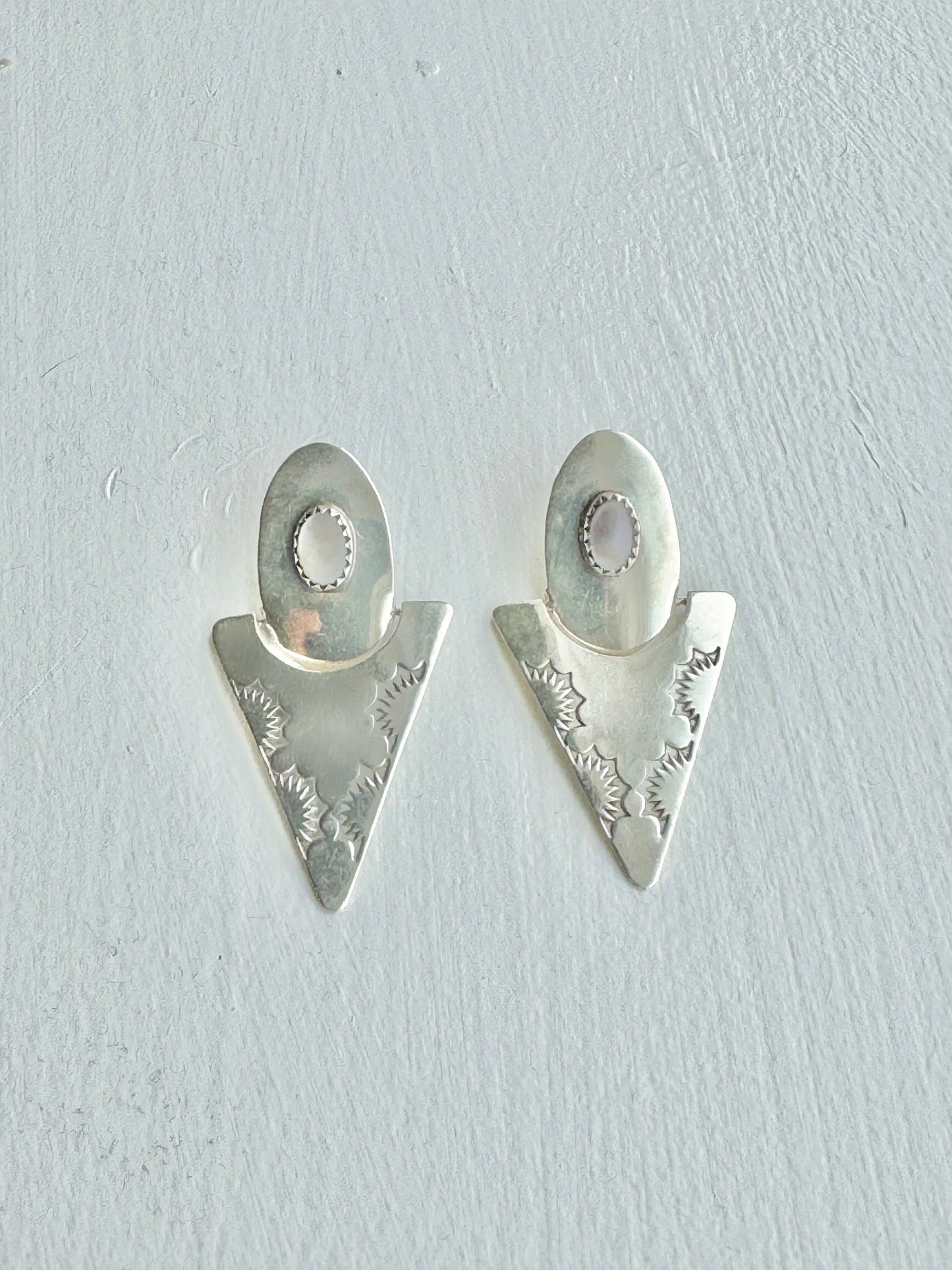 Mother of Pearl Stamped Sterling Silver Geometric Drop Earrings
