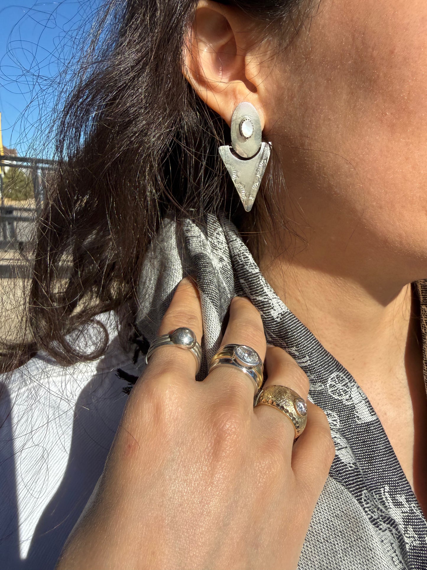 Mother of Pearl Stamped Sterling Silver Geometric Drop Earrings