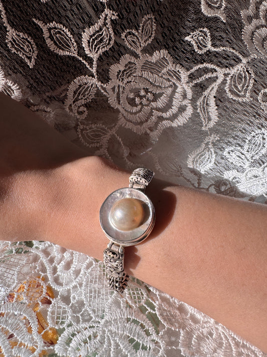Vintage Sterling Wheat Link Silver Freshwater Pearl Bracelet