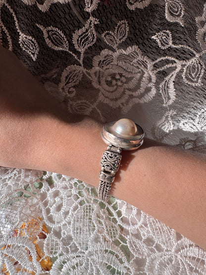 Vintage Sterling Wheat Link Silver Freshwater Pearl Bracelet