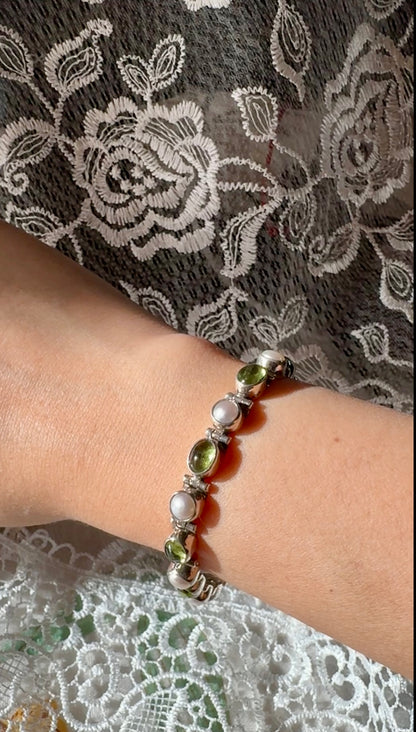 Vintage Peridot and Freshwater Pearl Sterling Silver Bracelet
