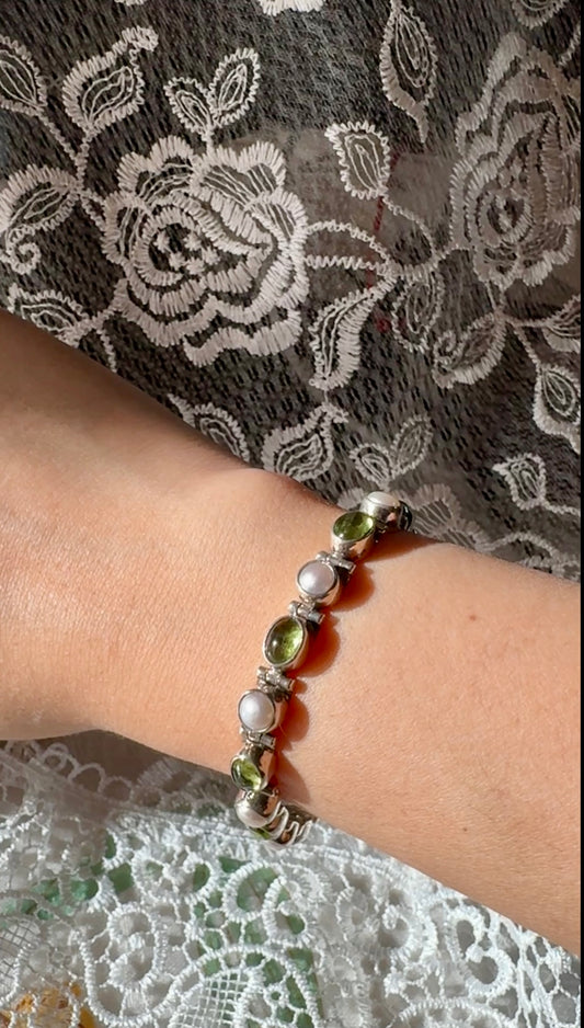 Vintage Peridot and Freshwater Pearl Sterling Silver Bracelet