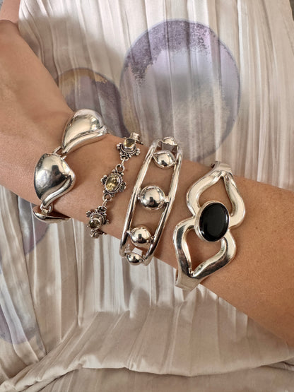 Vintage Black Onyx Mexico Sterling Silver Bangle