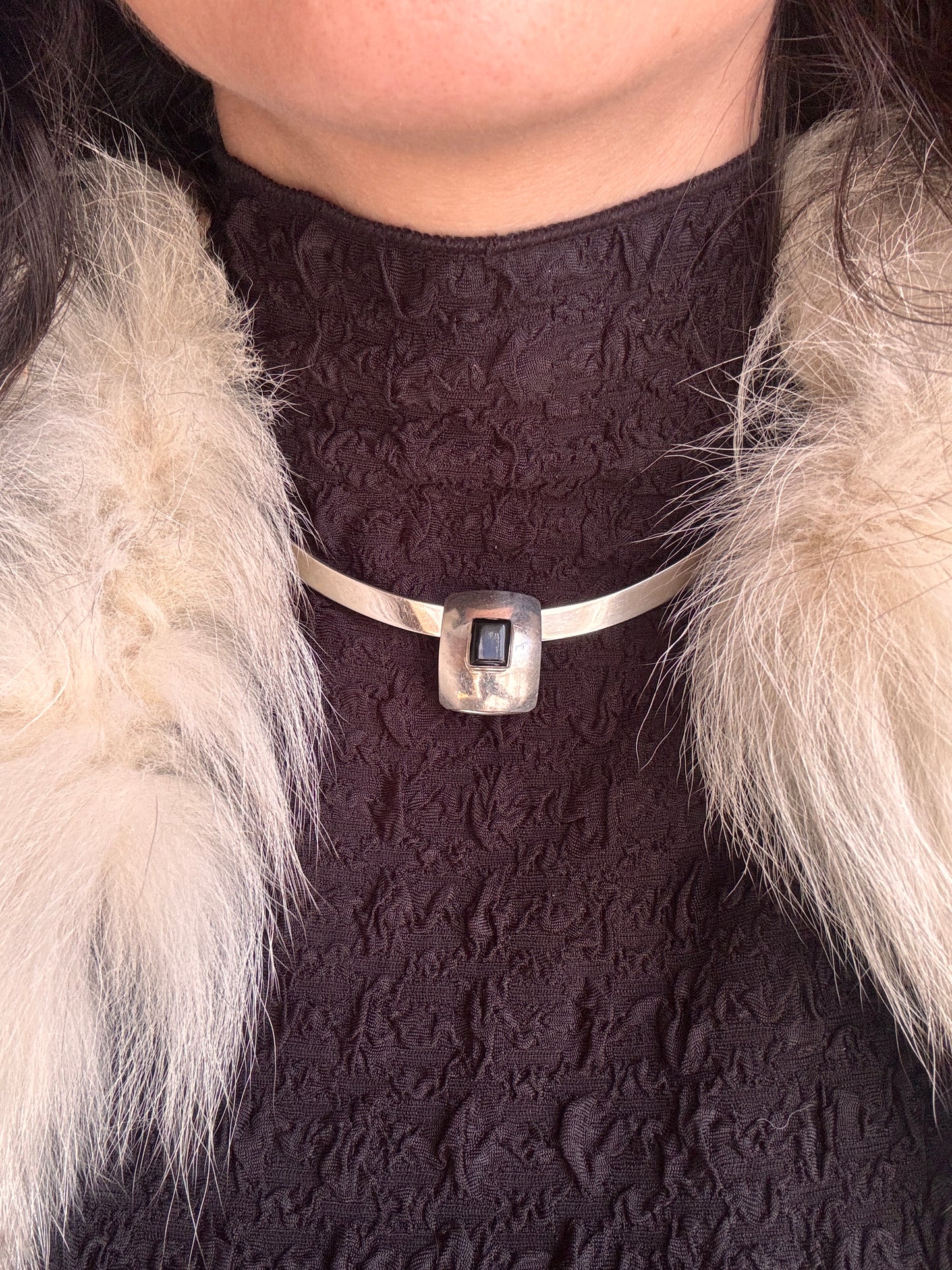 Vintage Sterling Silver Cuff Necklace with square shape Black Onyx Pendant | Torque Necklace