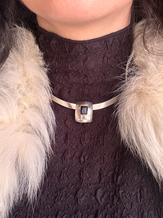 Vintage Sterling Silver Cuff Necklace with square shape Black Onyx Pendant | Torque Necklace