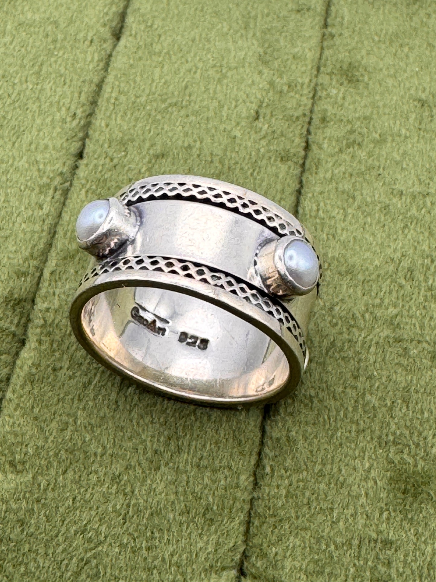 Vintage Sterling Silver Pearl Spinner Ring | Boho Wide Band Fidget Ring | Size 7