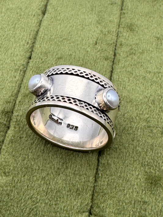 Vintage Sterling Silver Pearl Spinner Ring | Boho Wide Band Fidget Ring | Size 7