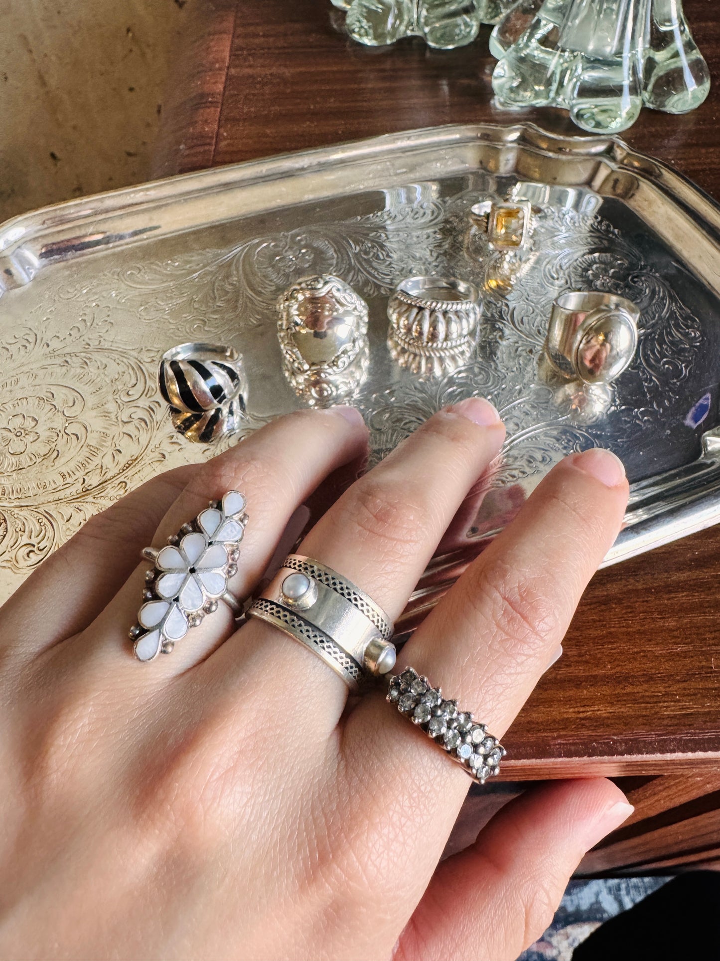 Vintage Sterling Silver Pearl Spinner Ring | Boho Wide Band Fidget Ring | Size 7