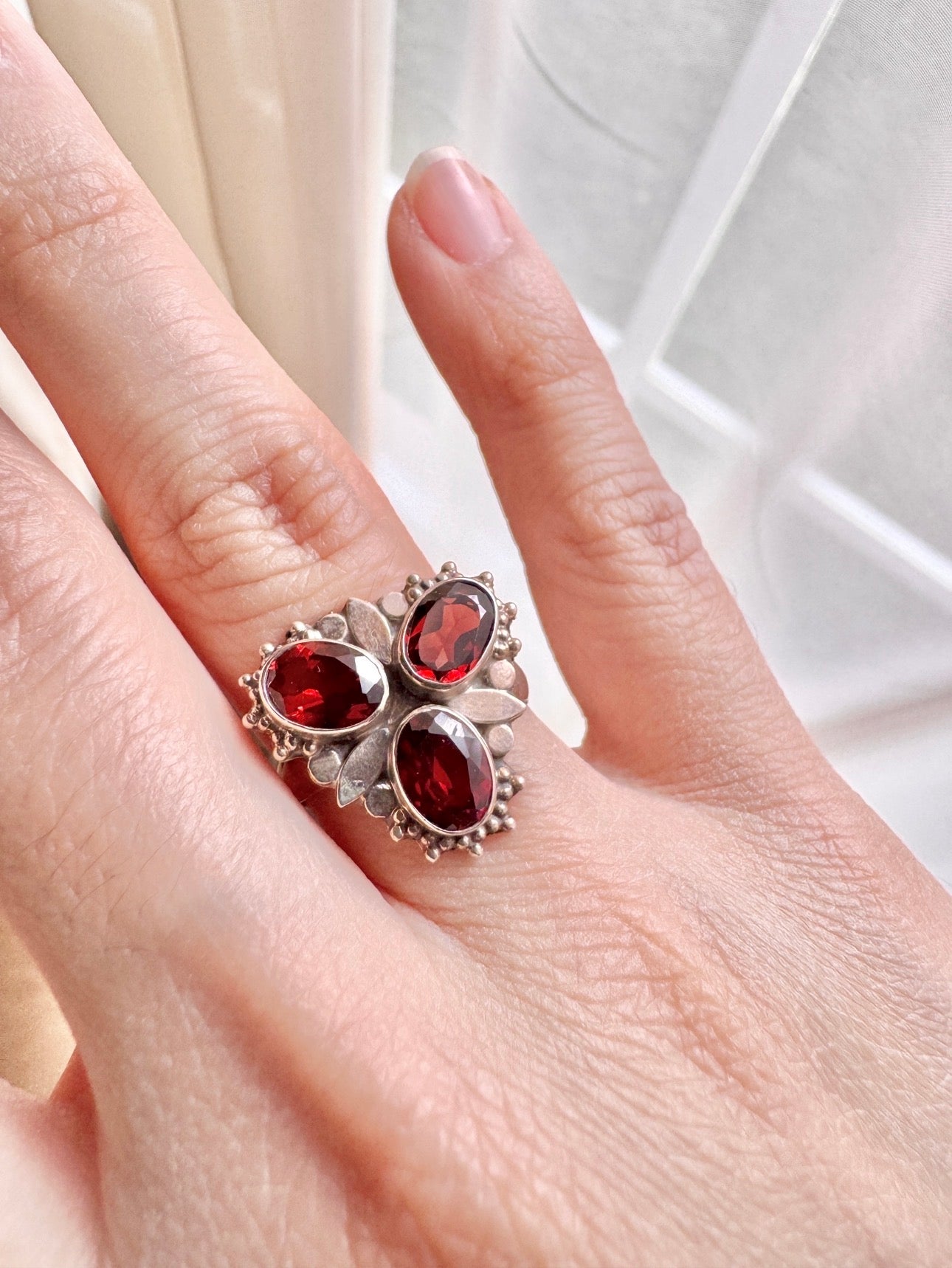 Vintage Sterling Silver Three Stone Garnet Ring