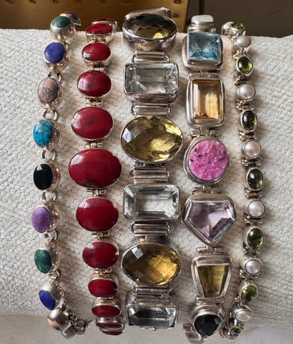 Vintage Sterling Silver Multi-Gemstone Bezel Bracelet