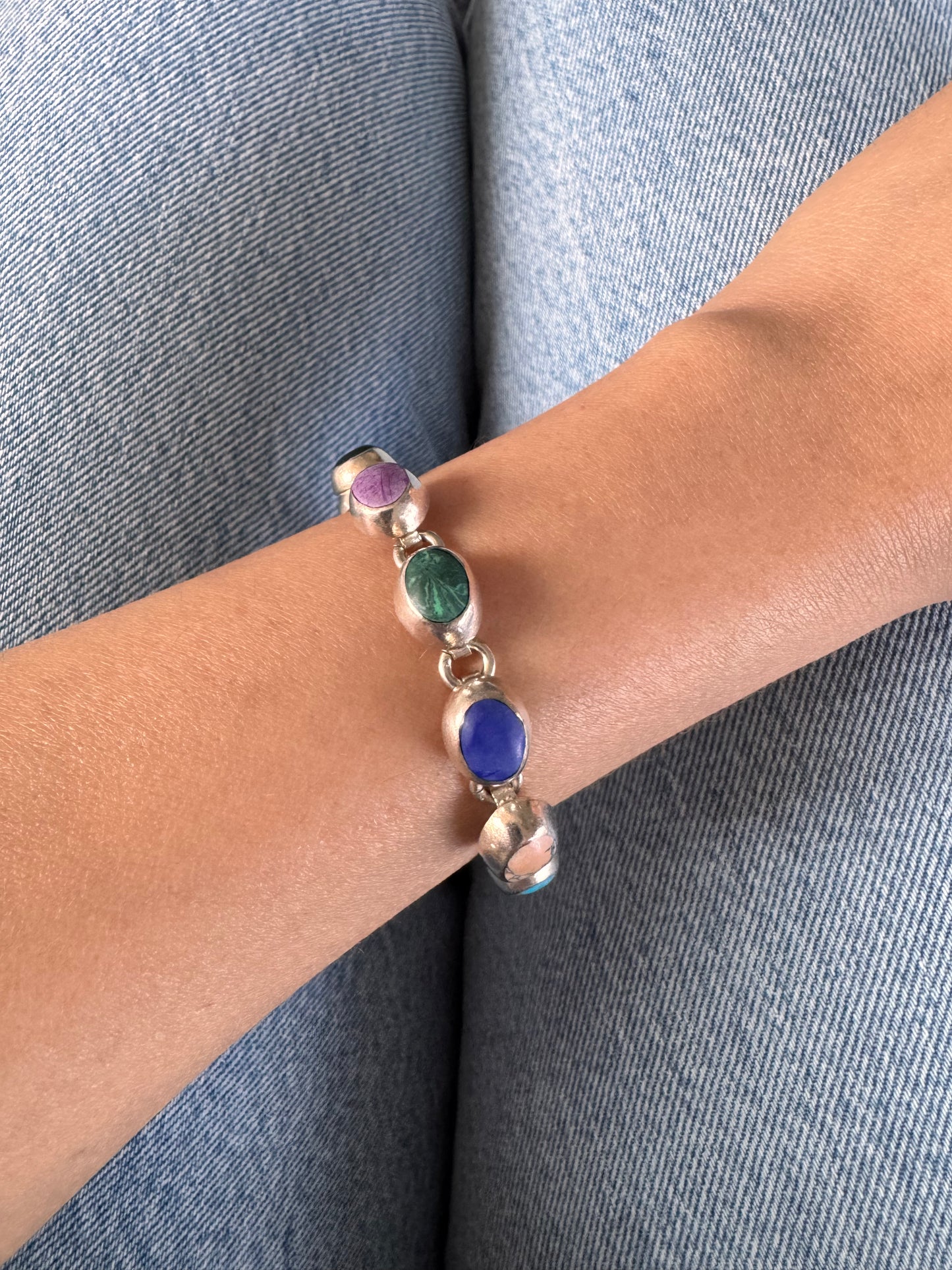 Vintage Sterling Silver Multi-Stone Bezel Set Bracelet
