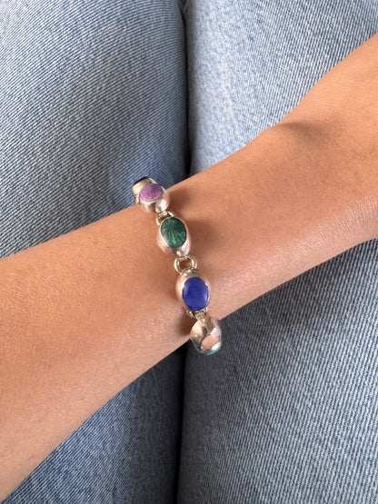 Vintage Sterling Silver Multi-Stone Bezel Set Bracelet
