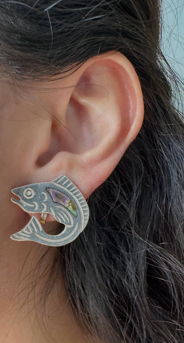 Vintage Sterling Silver Fish Screw Back Earrings | Abalone Shell Inlay | EK Sterling Silver
