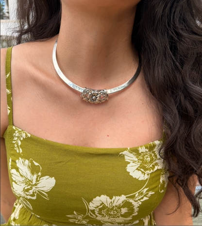 Vintage Sterling Silver Cuff Necklace | Floral Pendant | Mexico 925 | Torque Necklace