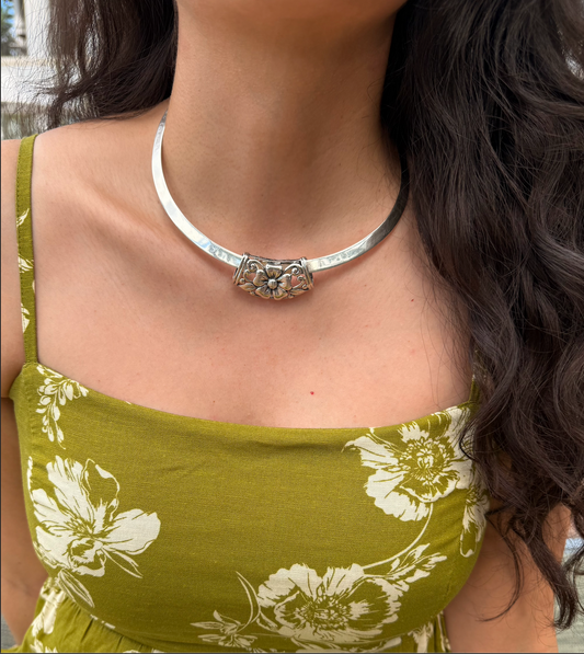 Vintage Sterling Silver Cuff Necklace | Floral Pendant | Mexico 925 | Torque Necklace