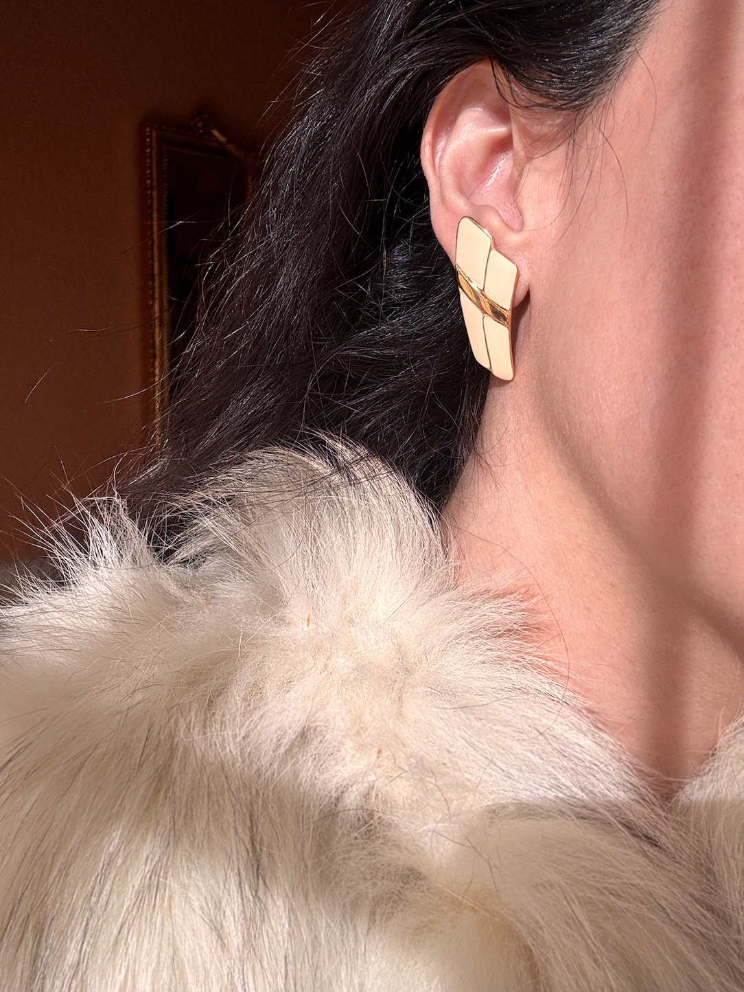 Vintage 1970/1980 Signed Trifari Creme Gold Enamel Earrings