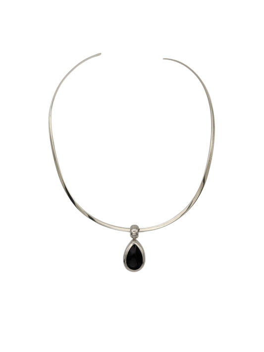 Vintage Sterling Silver Cuff Necklace with Black Onyx Pendant