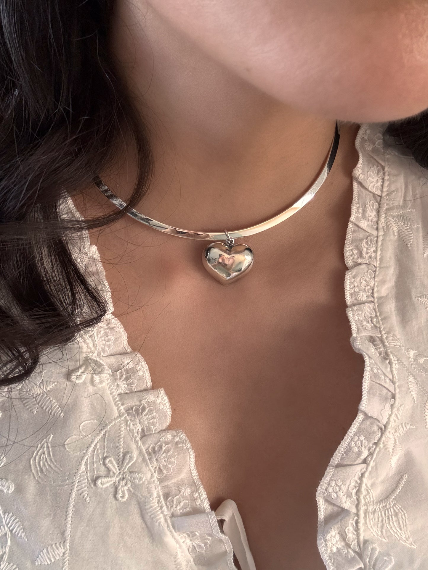 Vintage Sterling Silver Cuff Necklace with Heart Pendant