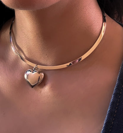 Vintage Sterling Silver Cuff Necklace with Heart Pendant