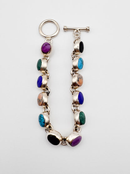 Vintage Sterling Silver Multi-Stone Bezel Set Bracelet
