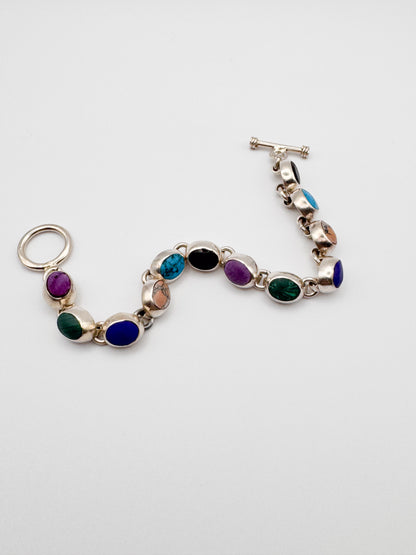 Vintage Sterling Silver Multi-Stone Bezel Set Bracelet