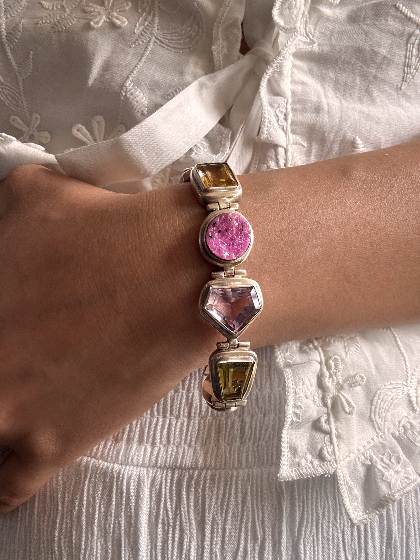 Vintage Sterling Silver Multi-Gemstone Bezel Bracelet