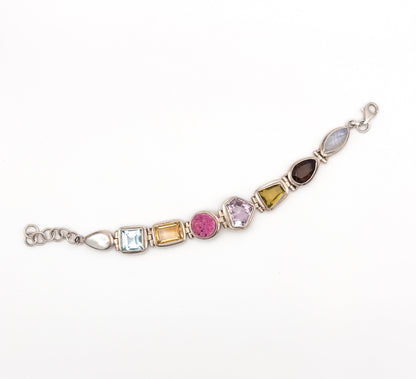 Vintage Sterling Silver Multi-Gemstone Bezel Bracelet
