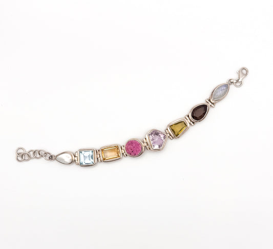 Vintage Sterling Silver Multi-Gemstone Bezel Bracelet