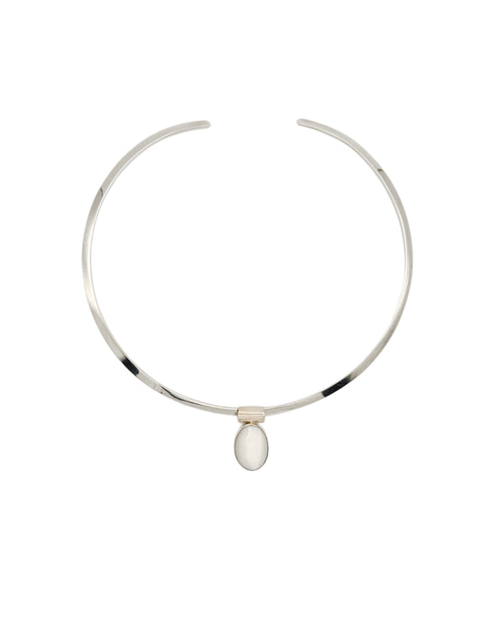 Vintage Sterling Silver Cuff Necklace with Cat Eye Pendant