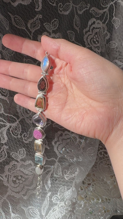 Vintage Sterling Silver Multi-Gemstone Bezel Bracelet
