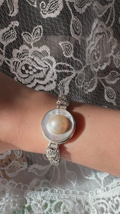 Vintage Sterling Wheat Link Silver Freshwater Pearl Bracelet