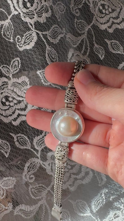 Vintage Sterling Wheat Link Silver Freshwater Pearl Bracelet