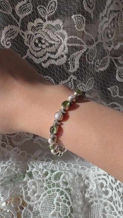 Vintage Peridot and Freshwater Pearl Sterling Silver Bracelet